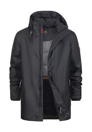 Musta vettä hylkivä takki irrotettavalla hupulla, vetoketjullinen etuosa, kaksi sivutaskua ja sisäinen verkkomateriaali. Varustettu säädettävällä nyörillä ja napilla kiinnitettävillä suljettavilla.