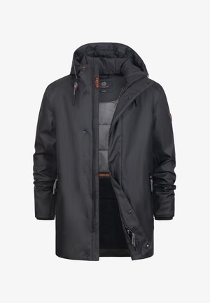 Musta vettä hylkivä takki irrotettavalla hupulla, vetoketjullinen etuosa, kaksi sivutaskua ja sisäinen verkkomateriaali. Varustettu säädettävällä nyörillä ja napilla kiinnitettävillä suljettavilla.