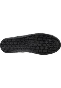 Suela de caucho negro con una superficie texturizada que presenta un patrón en cuadrícula y acentos circulares. Diseño plano, material duradero para mejorar el agarre.