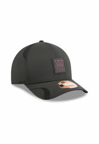 Black baseball cap with a smooth texture, featuring a raised logo patch, curved brim, and mesh side panels for ventilation.