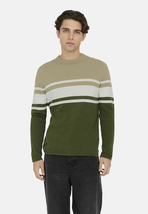 Gebreide trui met een ronde halslijn en lange mouwen, voorzien van beige, witte en donkergroene horizontale strepen; textiel met een structuur.