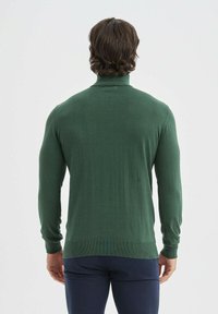 Pull en tricot vert avec un col haut, des manches longues et un ourlet bordé. Le tissu semble lisse avec une texture légère.