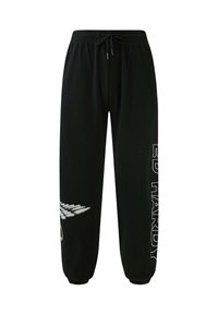 Schwarze Jogginghosen mit elastischem Bund und Kordelzug. Sie verfügen über ein Grafikdesign von Flügeln und den Text "ED HARDY" in Weiß entlang eines Beins.