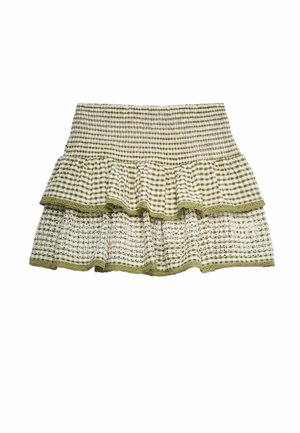 Zielono-biała w kratę, warstwowa mini spódnica z marszczonym pasem i koronkową lamówką na falbaniastej dolnej krawędzi.