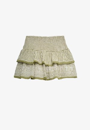 Grün-weiß karierter, mehrlagiger Minirock mit gerafftem Bund und Spitzenbesatz an den ausgestellten Saumschichten.