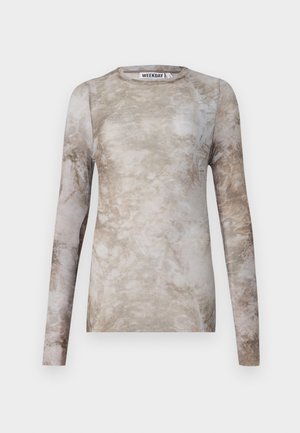 Long-sleeve top in a blend of beige and taupe with a marbled texture, round neckline, and a fitted design label "WEEKDAY" inside.