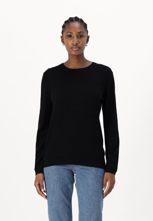 Black long-sleeve sweater with a round neckline. Made from a soft, smooth fabric, it features a relaxed fit and a straight hem.