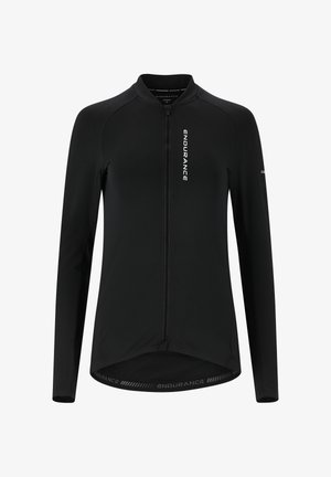 Schwarzes langärmeliges Fahrradtrikot mit durchgehendem Front-Reißverschluss, kurzem Kragen und "ENDURANCE"-Schriftzug auf Brust, Ärmel und Saum.
