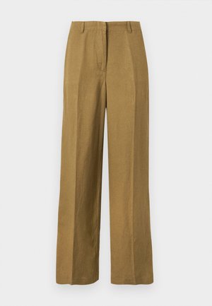 Pantalons larges en kaki fabriqués dans un tissu léger, dotés d'une texture lisse, de plis sur le devant et d'une taille classique.