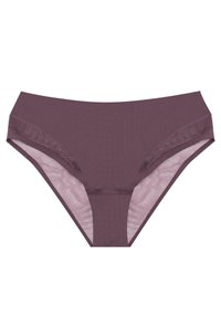 Dark mauve bikini bottom with a smooth, elastic waistband and mesh side panels. Features a low rise and minimal coverage design.