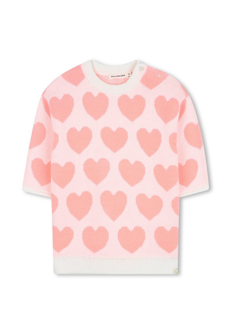 Maglione a maglia rosa chiaro con un motivo di cuori rosa scuro, colletto e orlo a coste bianchi, maniche corte e chiusura con bottoni sulla spalla.