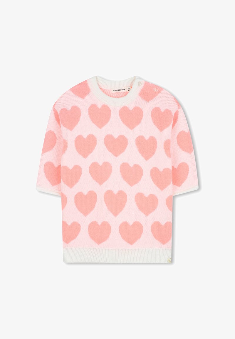 Maglione a maglia rosa chiaro con un motivo di cuori rosa scuro, colletto e orlo a coste bianchi, maniche corte e chiusura con bottoni sulla spalla.