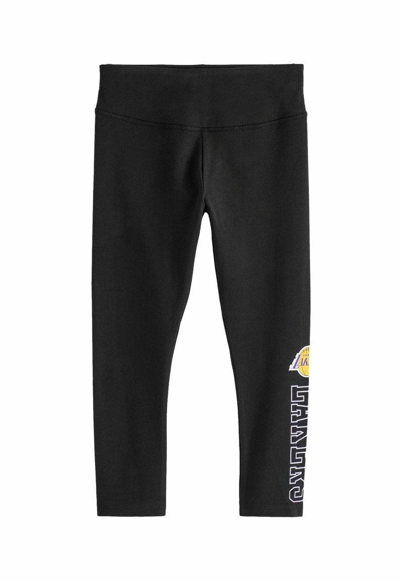 Svarta leggings med högt midjeband, prydda med Los Angeles Lakers-logotypen och texten "Lakers" på det nedre vänstra benet.