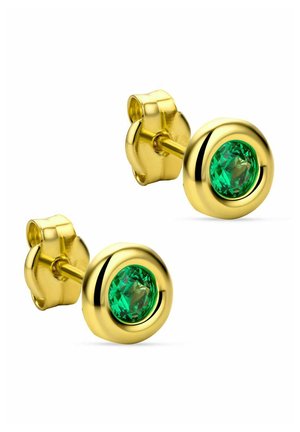 Gold earrings featuring round green gemstone centers, sleek circular design, polished texture, and butterfly clasp backing.