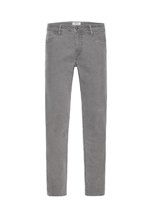 Grå denimjeans med rett passform. Har fem lommer, beltehemper og knappelukking foran. Jevn tekstur, minimalistisk design.