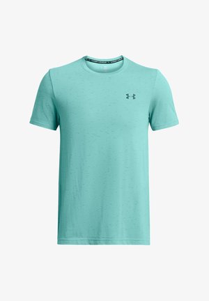 T-shirt de sport à manches courtes Under Armour bleu clair avec col rond et petit logo noir sur la poitrine gauche.
