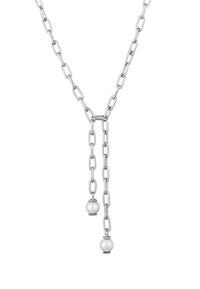 Silberne Kettenhalskette mit länglichen Gliedern und zwei weißen Perlenakzenten am Ende, die ein Y-förmiges Design bilden.