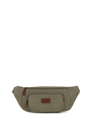 Sac banane en toile vert olive avec deux compartiments zippés et tirettes en cuir marron, conçu pour être porté sans les mains.