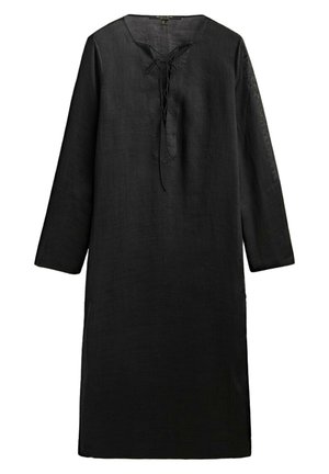 Czarna lniana tunika z długim rękawem, dekoltem w serek i ozdobą z wiązaniem z przodu, długość do kolan, luźny krój.