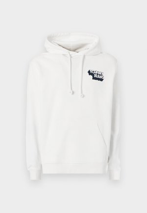 White hoodie made of soft fabric, featuring a front kangaroo pocket, adjustable drawstring hood, and a blue Tommy Jeans logo on the chest.