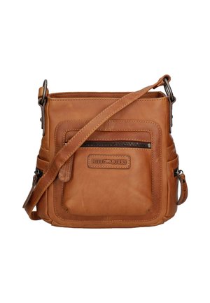 Borsa a tracolla in pelle color cuoio con tasca frontale con zip, tracolla regolabile e etichetta del marchio "Hill Burry" sulla tasca frontale.