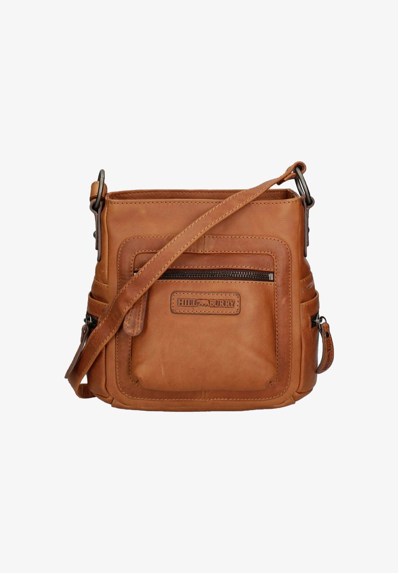 Sac bandoulière en cuir camel avec poche avant zippée, bandoulière réglable et étiquette de marque "Hill Burry" sur la poche avant.