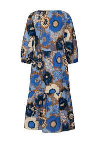 Robe fleurie bleu clair avec de grandes fleurs bleues, brunes et beige. Comprend des manches longues bouffantes et un ourlet à volants.