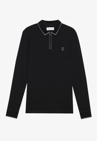 Svart långärmad polo med dragkedja i kragen, kontrasterande grå kanter och ett litet broderat märke på bröstet. Mjuk tyg.
