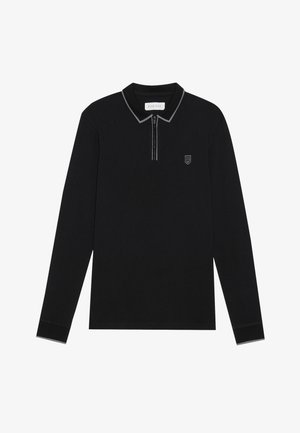 Black long-sleeve polo shirt with a zippered collar, contrasting gray trim, and a small embroidered emblem on the chest. Soft fabric.