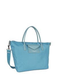 Borsa a tracolla in nylon blu con dettagli in pelle; presenta due manici superiori, una tracolla rimovibile e una tasca a patta sul davanti.