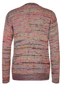 Flerfärgad stickad cardigan med en texturerad mönster i rosa, blå och gröna nyanser, rund hals och långa ärmar.