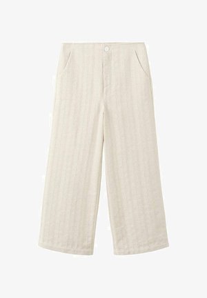 Pantaloni cu picioare evazate dintr-un material bej deschis cu textură nervurată verticală, având două buzunare frontale și o închidere cu un singur nasture în talie.