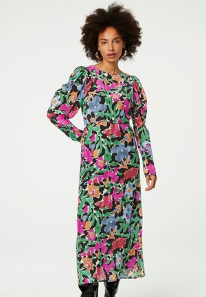 Blumenkleid mit Puffärmeln, mehrfarbige Muster in Pink, Grün, Blau und Orange; lange Länge, aus leichtem Stoff, tailliert.