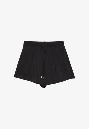 Schwarze Baumwoll-Shorts mit Kordelzug, elastischem Bund und dezenten Falten, für den Freizeitgebrauch entworfen.