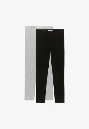 Dos pares de leggings de punto acanalado, uno negro al frente y otro gris claro detrás, ambos con cinturillas elásticas y pequeños botones.