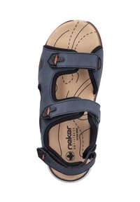 Blue sandal with two adjustable velcro straps, soft insole with line pattern, and textured rubber sole. Brand logo visible on straps.