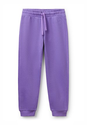 Pantalons de survêtement violets avec une taille élastique, cordon de serrage ajustable et poignets côtelés. Fabriqués en tissu doux et texturé.