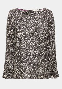Blusa a maniche lunghe in bianco e nero con motivo, dotata di scollatura tonda, realizzata in un tessuto testurizzato e con dettagli arricciati sulle spalle.