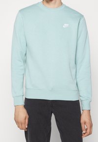 Sudadera de color verde menta hecha de algodón suave, con cuello redondo, puños y dobladillo acanalados, presenta un pequeño logo blanco de Nike en el lado izquierdo del pecho.