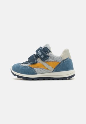 Blue and gray children's sneakers with yellow accents, velcro straps, suede and mesh materials, and a textured rubber sole.