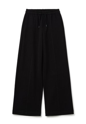 Pantalon large noir avec ceinture élastique et cordon de serrage, doté de poches latérales et de détails en couture verticale.