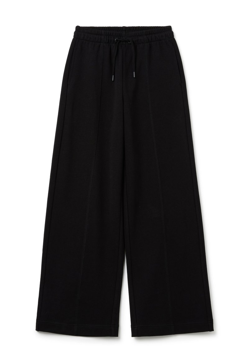 Pantalones de pierna ancha negros con cintura elástica y cordón, que cuentan con bolsillos laterales y detalles de costura vertical.