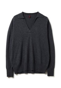Maglione grigio scuro a V con colletto ripiegato, vestibilità ampia, maniche lunghe e polsini a coste. Realizzato in un morbido tessuto testurizzato.
