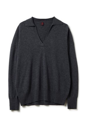 Donkergrijze V-hals sweater met een opgevouwen kraag, een losse pasvorm, lange mouwen en geribbelde manchetten. Gemaakt van zachte, gestructureerde stof.