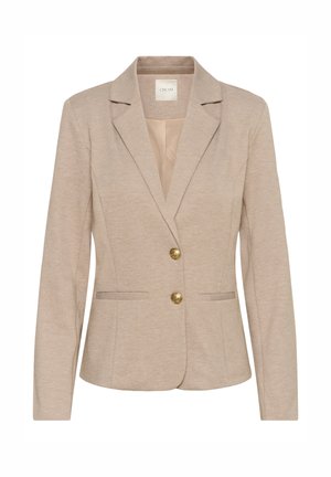 Blazer bej croită, cu revere cu tăietură în formă de crestă, doi nasturi aurii, buzunare frontale și căptușeală interioară fină. Prezintă o siluetă ajustată.