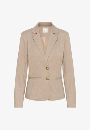 Bēša pielāgota žakete ar notconf pakavu, divām zelta pogām, priekšējām kabatām un gludu iekšējo oderi. Raksturota ar pieguļošu siluetu.