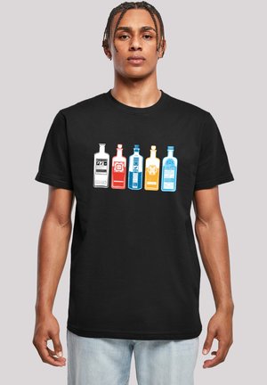 Black t-shirt featuring five graphic depictions of bottles in white, red, blue, and yellow on the front. Cotton material, crew neck design.