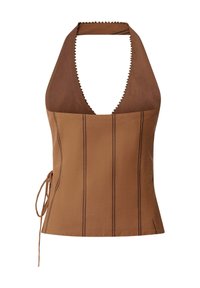 Top marron à col halter avec rayures verticales et détail de lien sur le côté, avec des bords festonnés le long de l'encolure.