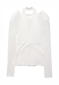 White long-sleeve top with a wrap design, featuring a deep V-neck and textured fabric, creating a layered appearance at the front.