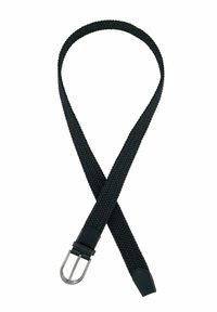 Mustekka kudottu elastinen vyö, jossa on nahkaosat ja hopeinen metallisolki, ja jossa on teksturoitu pinta ja sileä hihnamuotoilu.